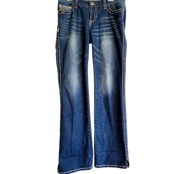 Adiktd Women's Size 8 34" Inseam embellished Pocket Split Ankle hem Dark Wash De - Picture 2 of 5